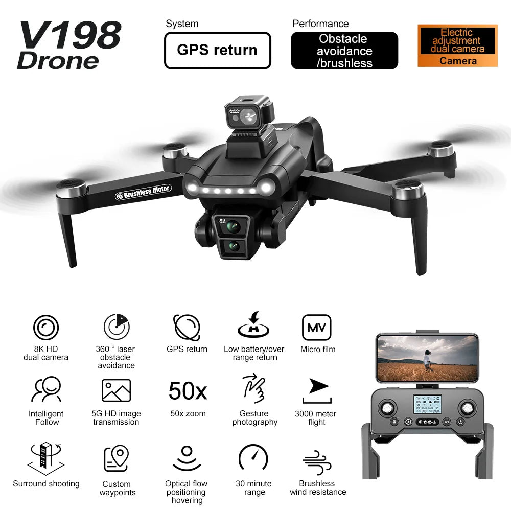 V198 8K GPS Drone – 48MP Camera, 3KM Range, Foldable Quadcopter
